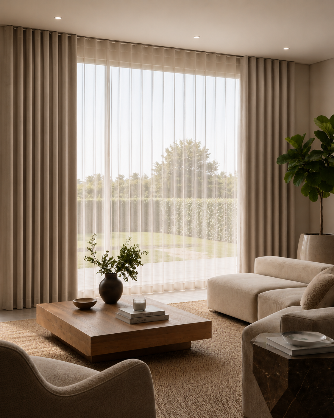 Cortinas Sheer Elegance color beige en sala con ventanal